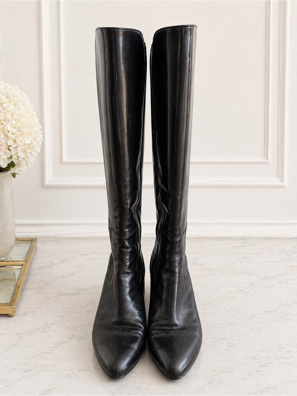 AGL Black Knee-High Leather Heeled Boots - Picture 1 of 4